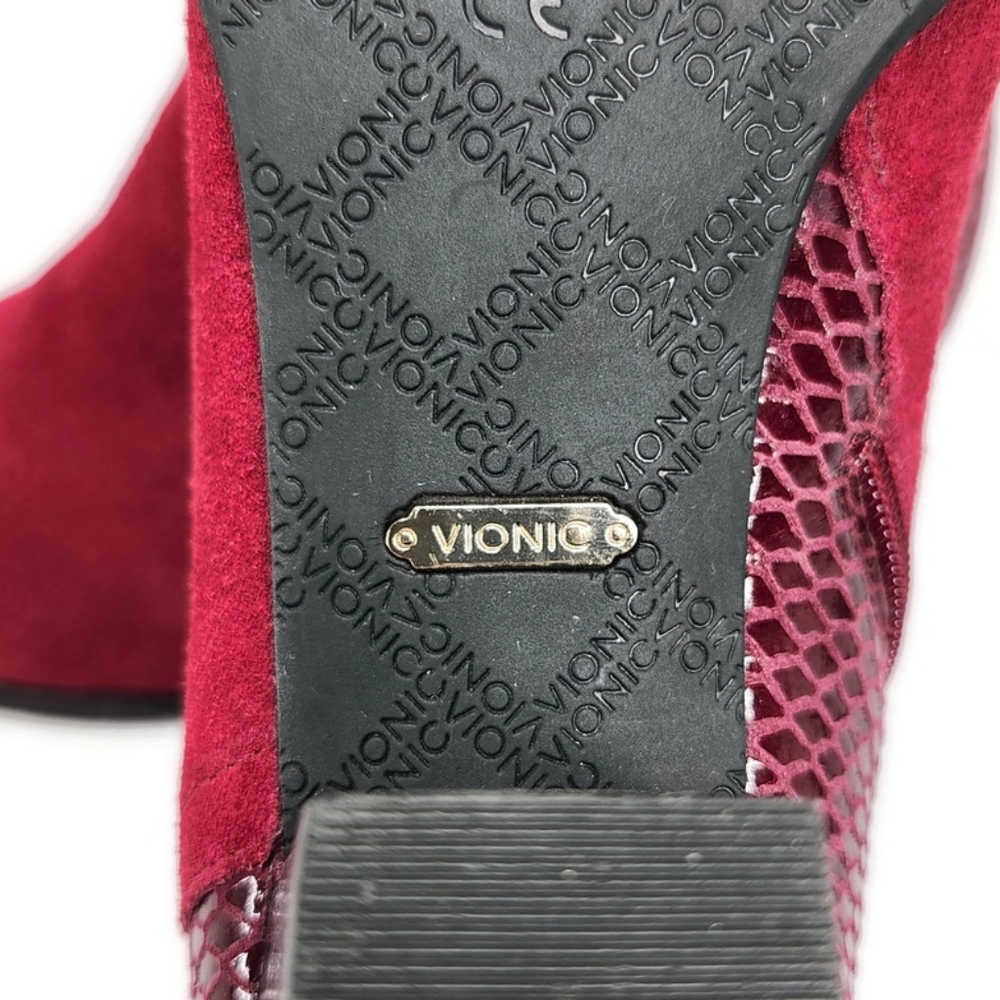Vionic Bromley Cabernet Red Suede & Textured Snake Print Block Heel Ankle Boots - Picture 12 of 13